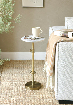 Adjustable Height Marble Round Side Table with Pedestal Base