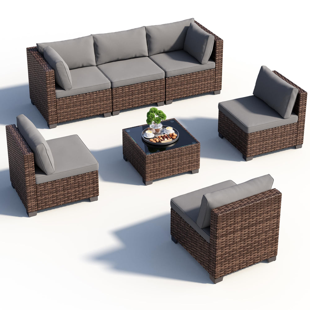 7-Piece Outdoor Sectional Sofa Set with Cushions & Glass Coffee Table