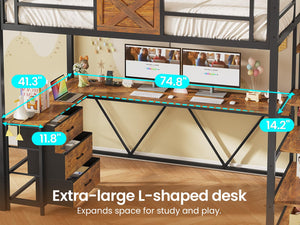 Twin Loft Bed with L-Shaped Desk, Wardrobe & Storage Stairs