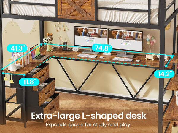 Twin Loft Bed with L-Shaped Desk, Wardrobe & Storage Stairs