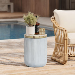 Outdoor Side Table with Storage Cement Patio End Table Wood Lid Accent Table
