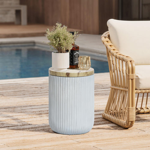 Outdoor Side Table with Storage Cement Patio End Table Wood Lid Accent Table