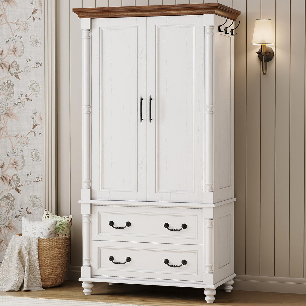 Farmhouse Armoire Wardrobe with 2 Doors & 2 Drawers – Freestanding Bedroom Closet Cabinet