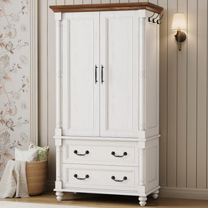 Farmhouse Armoire Wardrobe with 2 Doors & 2 Drawers – Freestanding Bedroom Closet Cabinet