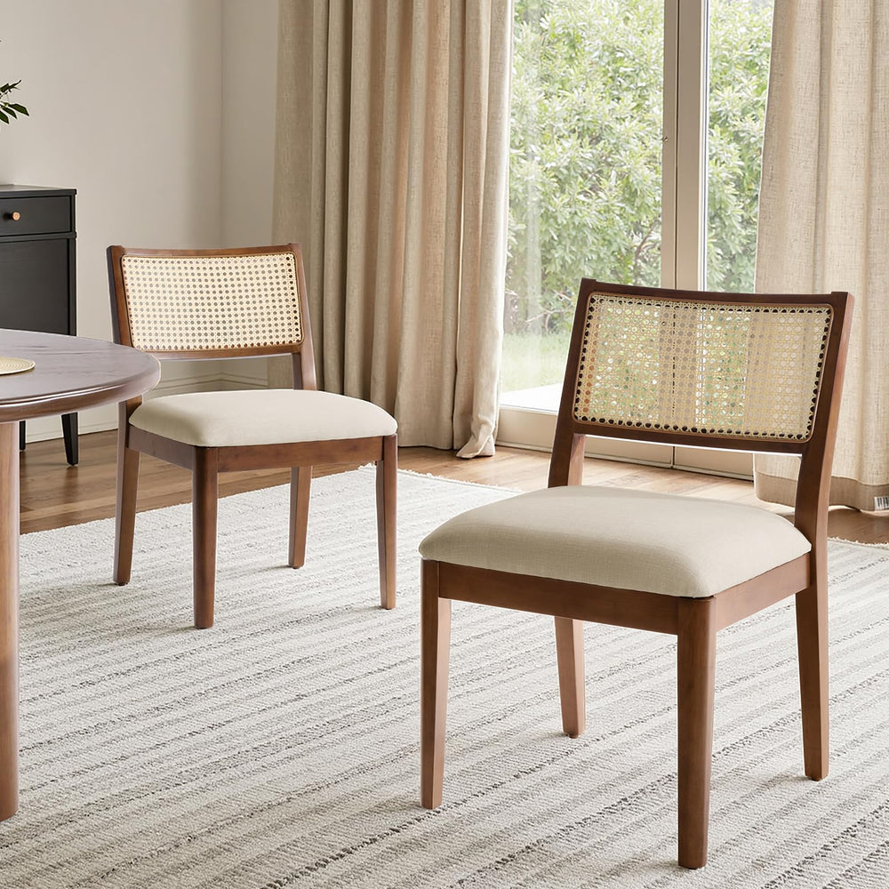 Rattan Dining Chairs with Cushioned Seat & Solid Wood Frame