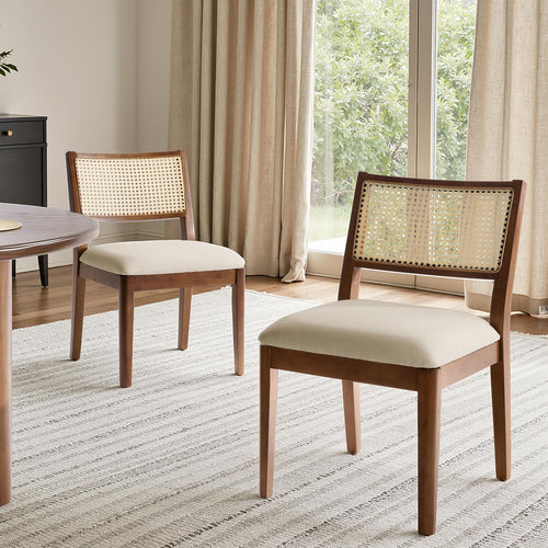 Rattan Dining Chairs with Cushioned Seat & Solid Wood Frame