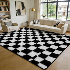 Checkered Shag Area Rug – Black & White Plush Non-Slip Carpet