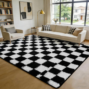 Checkered Shag Area Rug – Black & White Plush Non-Slip Carpet