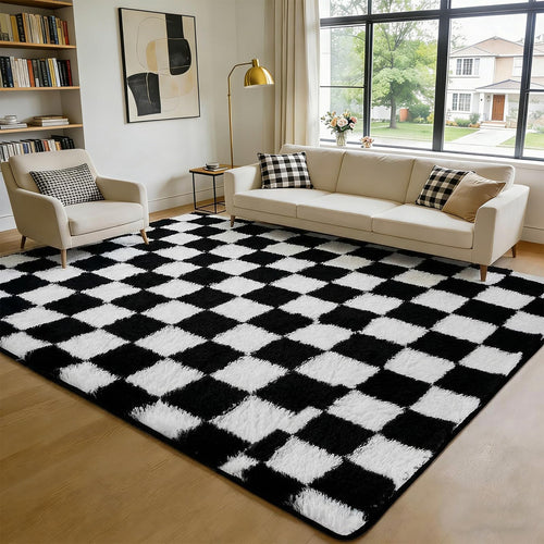 Checkered Shag Area Rug – Black & White Plush Non-Slip Carpet
