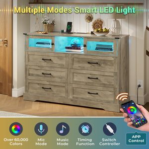 6 Drawer Dresser with LED Lights and Charging Station – Farmhouse Chest of Drawers, Rustic Oak