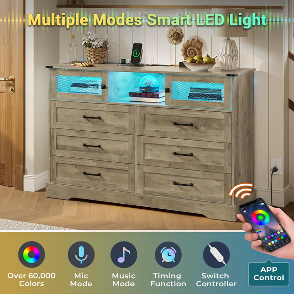 6 Drawer Dresser with LED Lights and Charging Station – Farmhouse Chest of Drawers, Rustic Oak