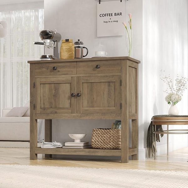 HOSTACK Farmhouse Console Table with 2-Door Cabinet & 2 Drawers, Coffee Bar, Entryway Table with Storage Shelf, Sofa Tables Buffet Sideboard for Kitchen, Hallway, Dining, Living Room, White