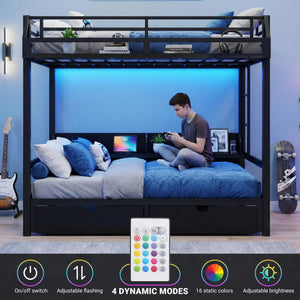 Queen Over Queen Bunk Bed with Storage Drawers, LED Lights & Charging Station
