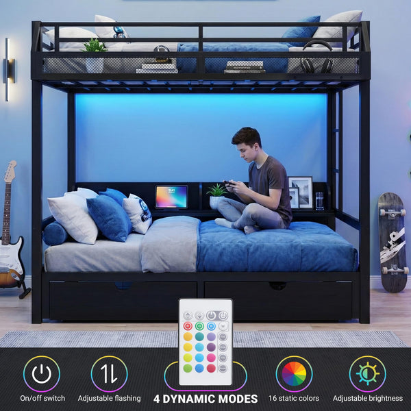 Queen Over Queen Bunk Bed with Storage Drawers, LED Lights & Charging Station