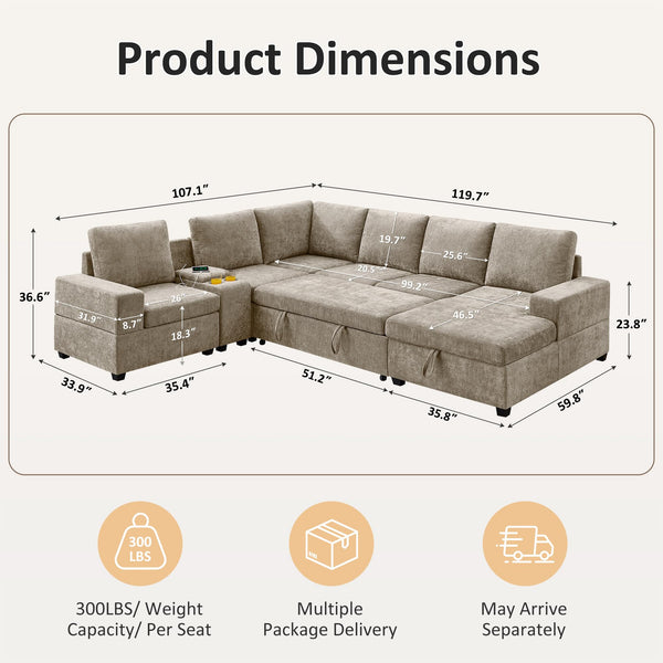 Modular Sectional Sofa with Pull-Out Bed & Storage