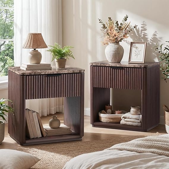 Fluted Nightstand Set of 2 with Faux Marble Top, Drawer & Open Shelf