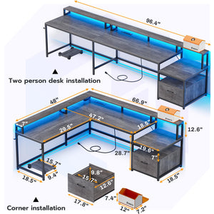 L-Shaped Corner Desk with File Drawer, LED Lights & Monitor Shelf