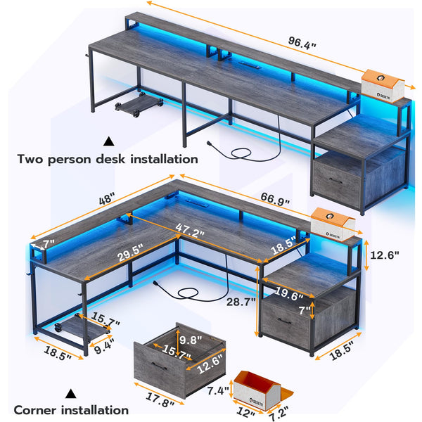 L-Shaped Corner Desk with File Drawer, LED Lights & Monitor Shelf