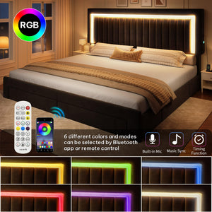 King Size Upholstered Bed Frame with Storage Drawers & RGB LED