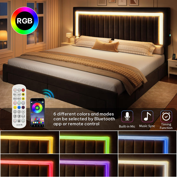 King Size Upholstered Bed Frame with Storage Drawers & RGB LED