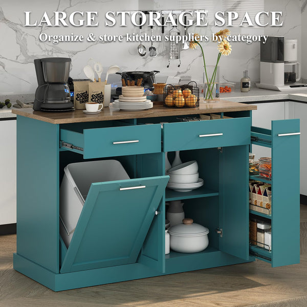 53" Rolling Kitchen Island with Trash Can Storage & Spice Rack