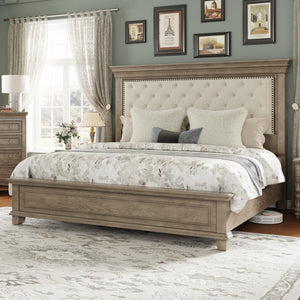 King Bed Frame with Tall Upholstered Headboard – Solid Pine Wood Platform Bed