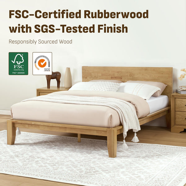 Japandi Solid Wood Platform Bed Frame with Optional Headboard