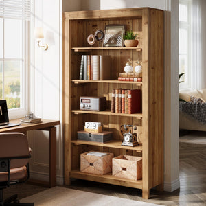 5-Tier Solid Wood Bookcase with Display Shelves