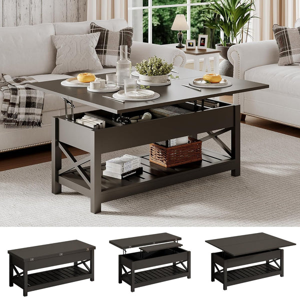 Lift Top Coffee Table with Storage | Convertible to Dining Table | Modern Black