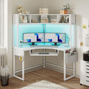 Corner Desk with LED Lights, Keyboard Tray & Storage