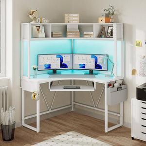 Corner Desk with LED Lights, Keyboard Tray & Storage