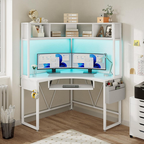 Corner Desk with LED Lights, Keyboard Tray & Storage