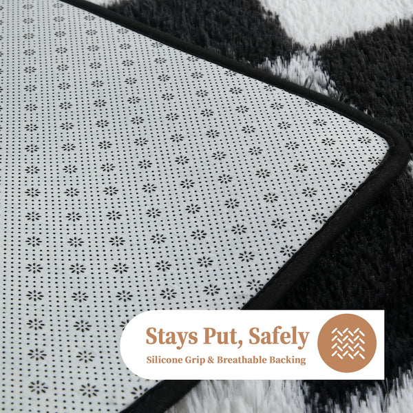 Checkered Shag Area Rug – Black & White Plush Non-Slip Carpet