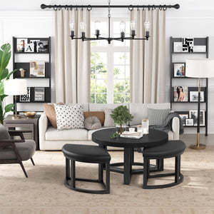 Round Coffee Table Set with 3 Nesting Stools — 30 Inch Modern Black