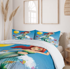Queen Mermaid Duvet Cover Set – 3-Piece Microfiber Bedding, Yellow Blue Green