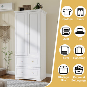 White Wardrobe Closet with 2 Drawers & Hanging Rod