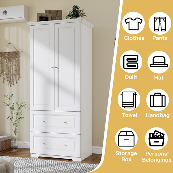 White Wardrobe Closet with 2 Drawers & Hanging Rod