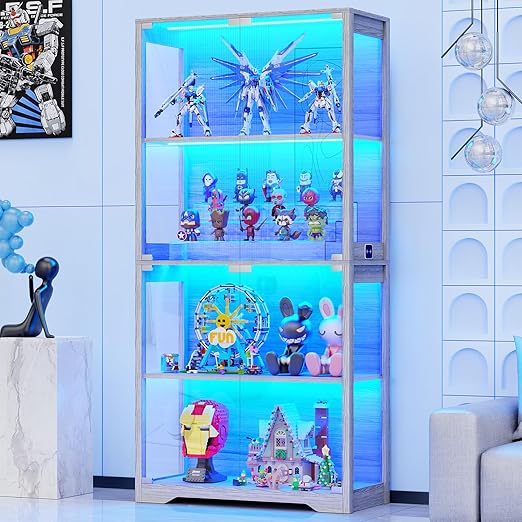 4-Tier Glass Display Cabinet with LED Lights & Motion Sensor
