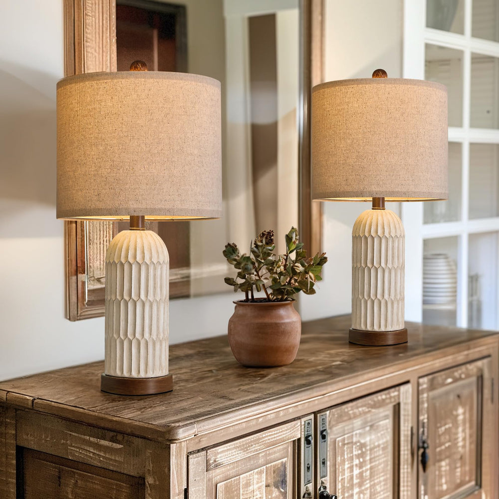 Farmhouse Bedside Table Lamps Set of 2 with USB Charging Ports