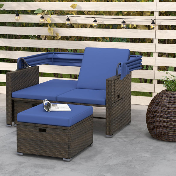 Outdoor Rattan Daybed with Retractable Canopy & Adjustable Backrests