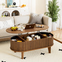 Oval Lift-Top Coffee Table with Fluted Wood & Hidden Storage