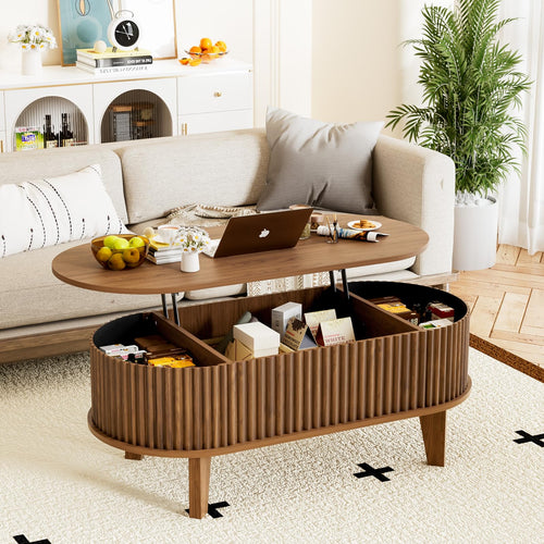 Oval Lift-Top Coffee Table with Fluted Wood & Hidden Storage