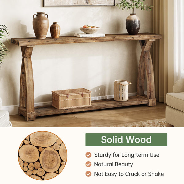 63-Inch Solid Wood Console Table with 2-Tier Storage