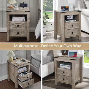 Farmhouse Nightstand with Charging Station, 2 Drawers & Open Shelf