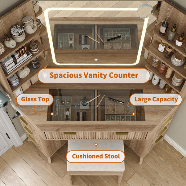 Corner Vanity Desk with Mirror, Lights & 8 Drawers