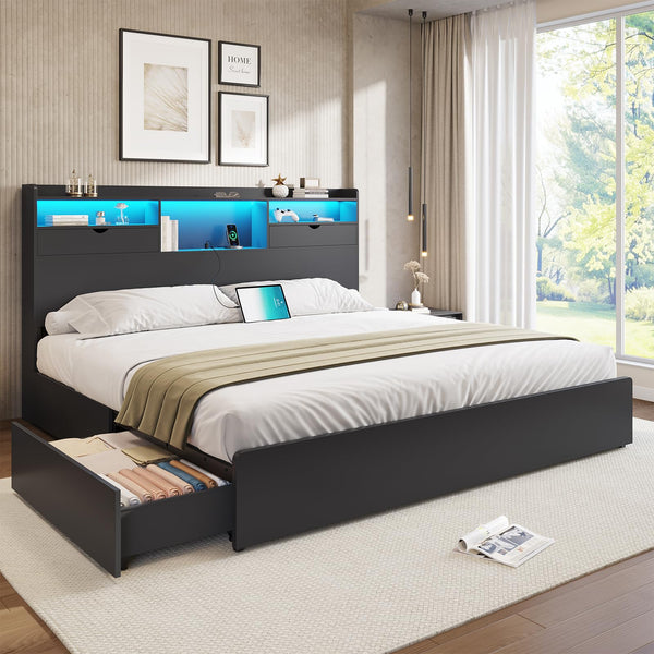King Bed Frame with Storage Drawers, LED Lights & Charging Station