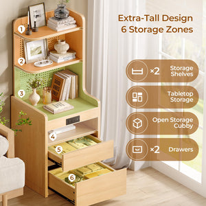 Sikaic 2PCS Tall Rattan Nightstand with Charging Station, Adjustable 90° Corner Bedside Table with 2 Drawers and Open Bookshelf, High Capacity End Side Table for Bedroom, Small Spaces, Natural Wood