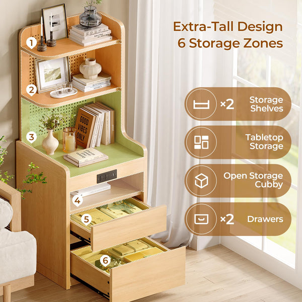 Sikaic 2PCS Tall Rattan Nightstand with Charging Station, Adjustable 90° Corner Bedside Table with 2 Drawers and Open Bookshelf, High Capacity End Side Table for Bedroom, Small Spaces, Natural Wood
