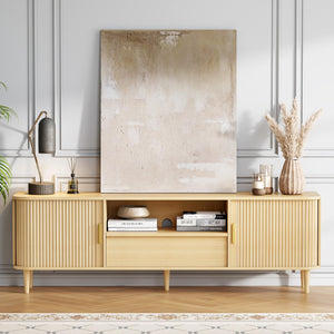 Modern Fluted TV Stand with Sliding Doors — Oak, Fits TVs Up to 80"