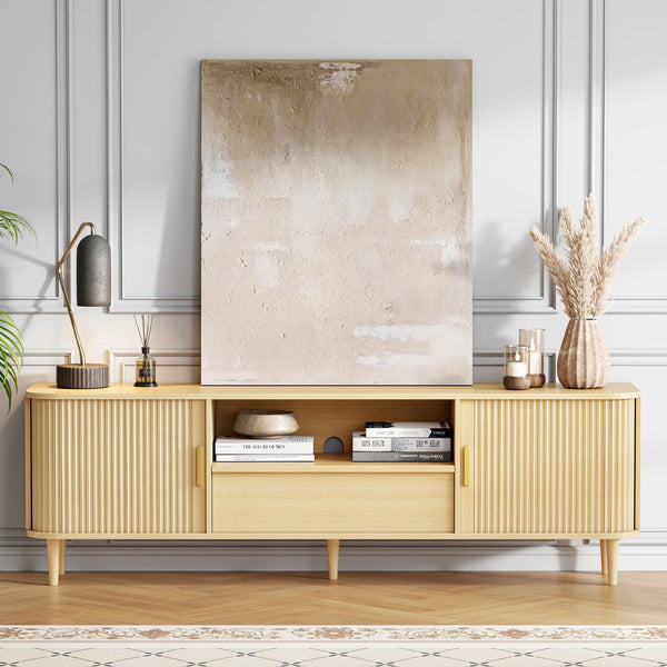 Modern Fluted TV Stand with Sliding Doors — Oak, Fits TVs Up to 80"